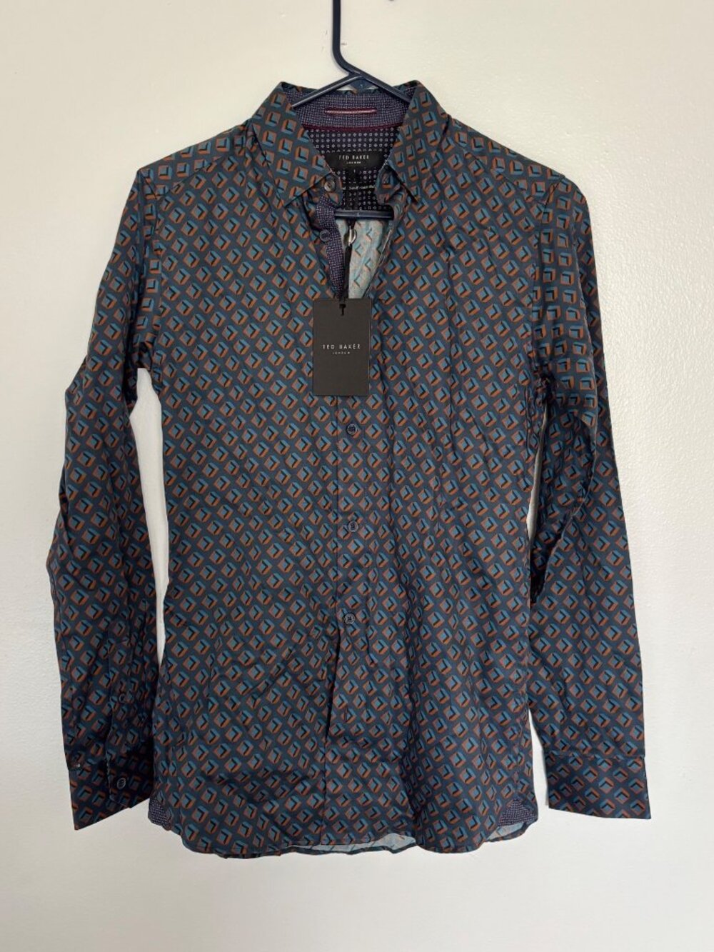 Ted Baker London Mens Geometric Print Long Sleeve Shirt 100% Cotton Size 1 Small
